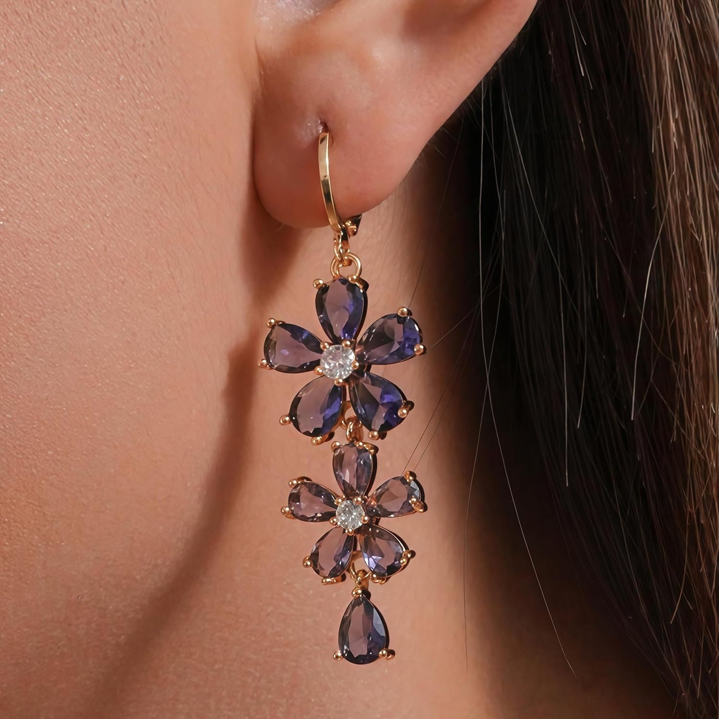 Vuskdtei18K Gold Plated Flower Dangle Earrings for Women, Hypoallergenic Cubic Zirconia Earrings, Elegant Chandelier Drop Earrings
