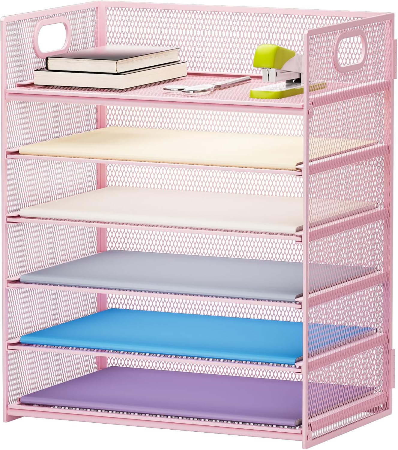 6 Tier Paper Organizer Letter Tray - Mesh Desk File Organizer with Handle