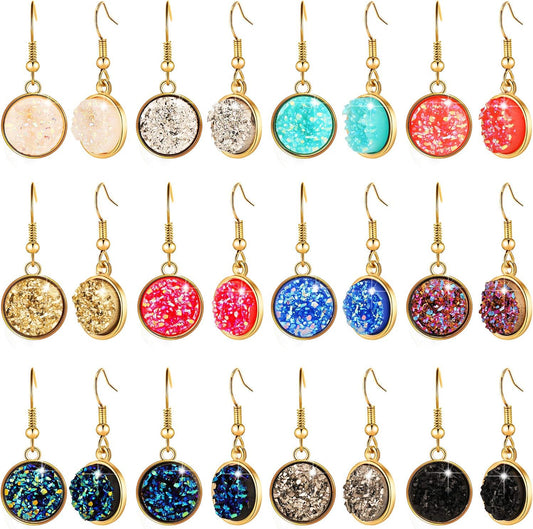 Hicarer 12 Pairs Faux Druzy Drop Earrings Crystal Pendant Dangle Multicolor Stainless Steel Earrings for Women