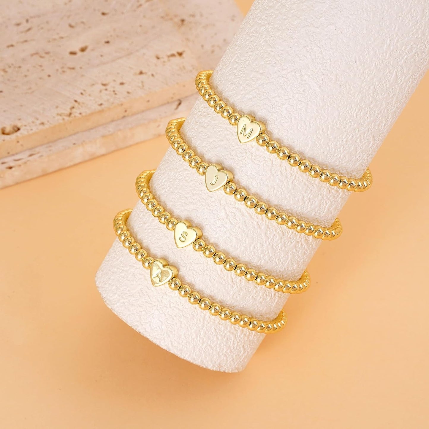 Beaded Bracelets for Women Dainty Heart Initial Bracelet Letter A-Z Charm Bracelet for Women Stretch