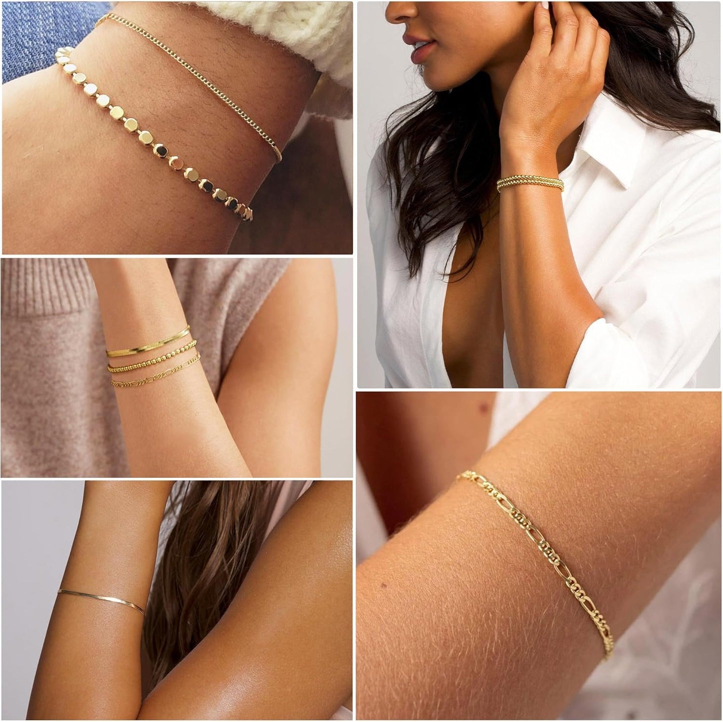 Gold Bracelets for Women Waterproof, 14K Real Gold Jewelry Sets Trendy Thin Dainty Stackable Cuban Link