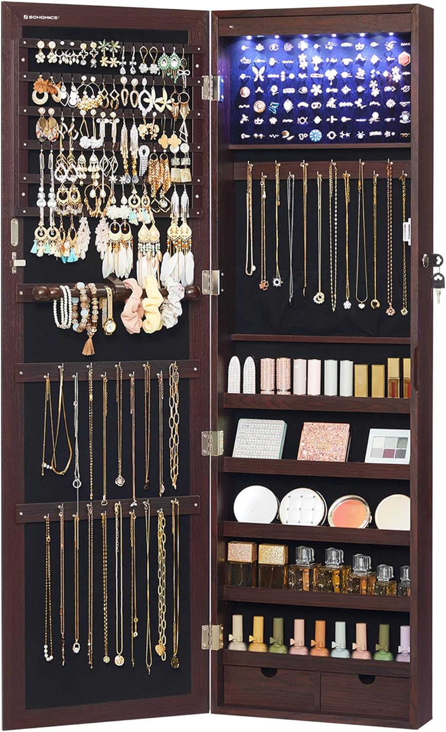 6 LEDs Mirror Jewelry Cabinet, Tall Lockable Wall or Door Mounted Jewelry Armoire Organizer