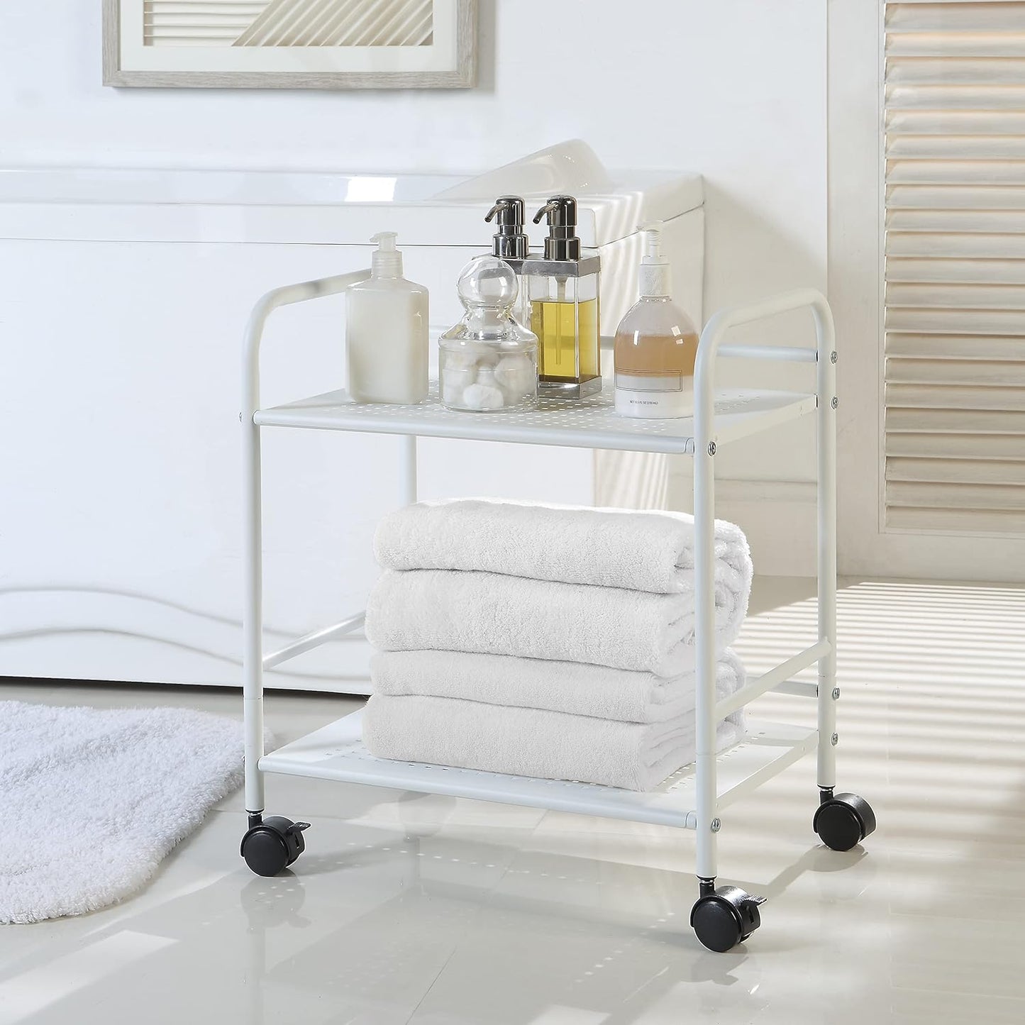 2-Tier Metal Rolling Utility Cart – Mobile Storage Shelf with Caster Wheels – Small Space Organizer