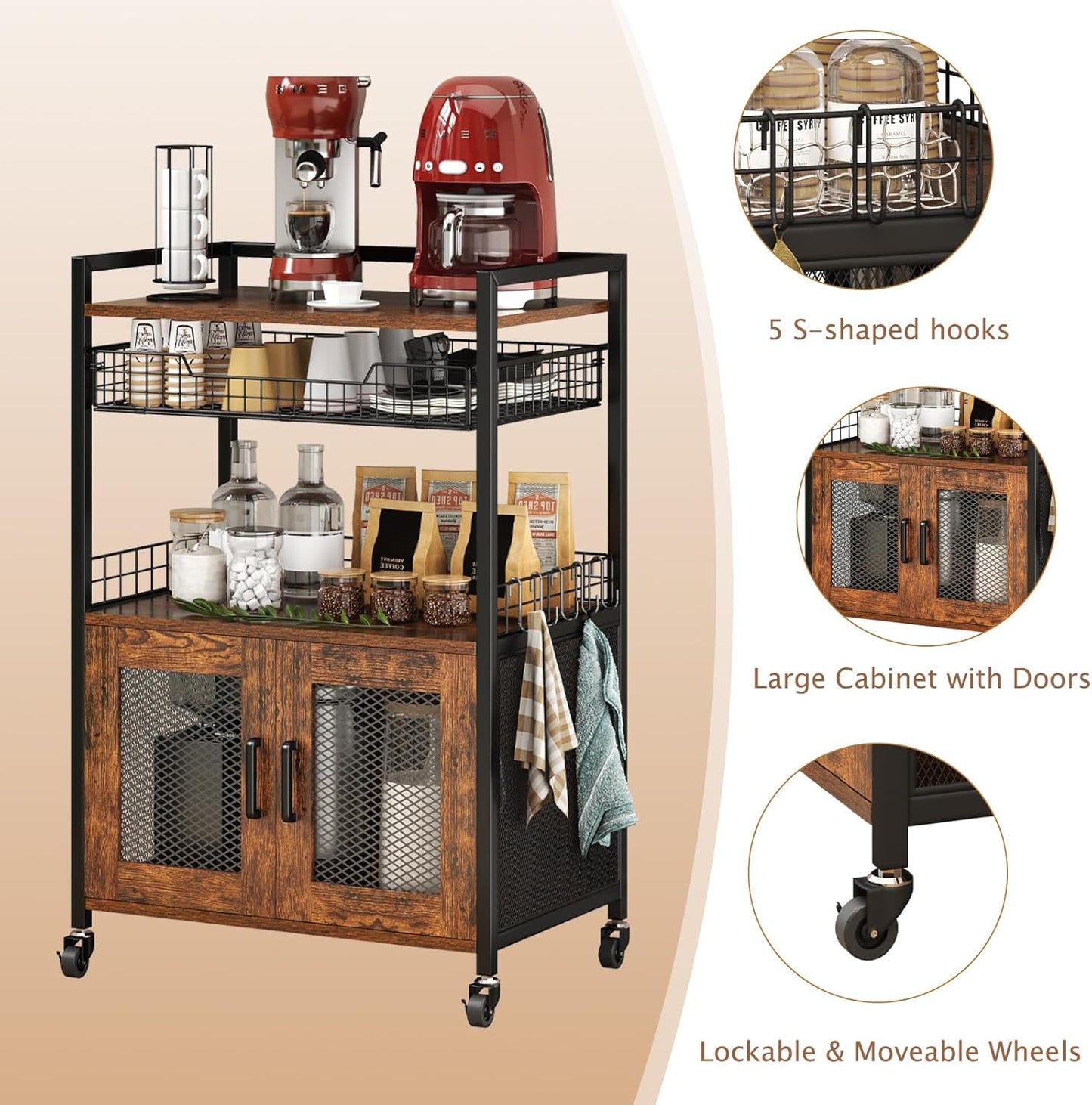 3 Tier Coffee Station Table on Wheels, 35.9" H Bar Cart with Wire Basket Drawer & 5 Hooks for Home Kitchen