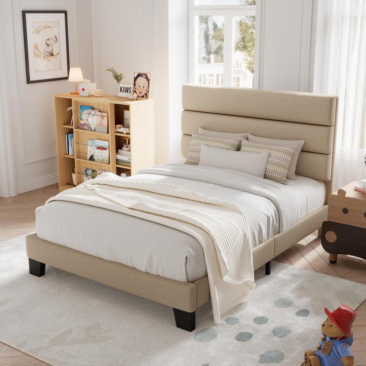 Twin Size, Platform Bed Frame with Fabric Upholstered and Wooden Slats Support, /No Box Spring Needed