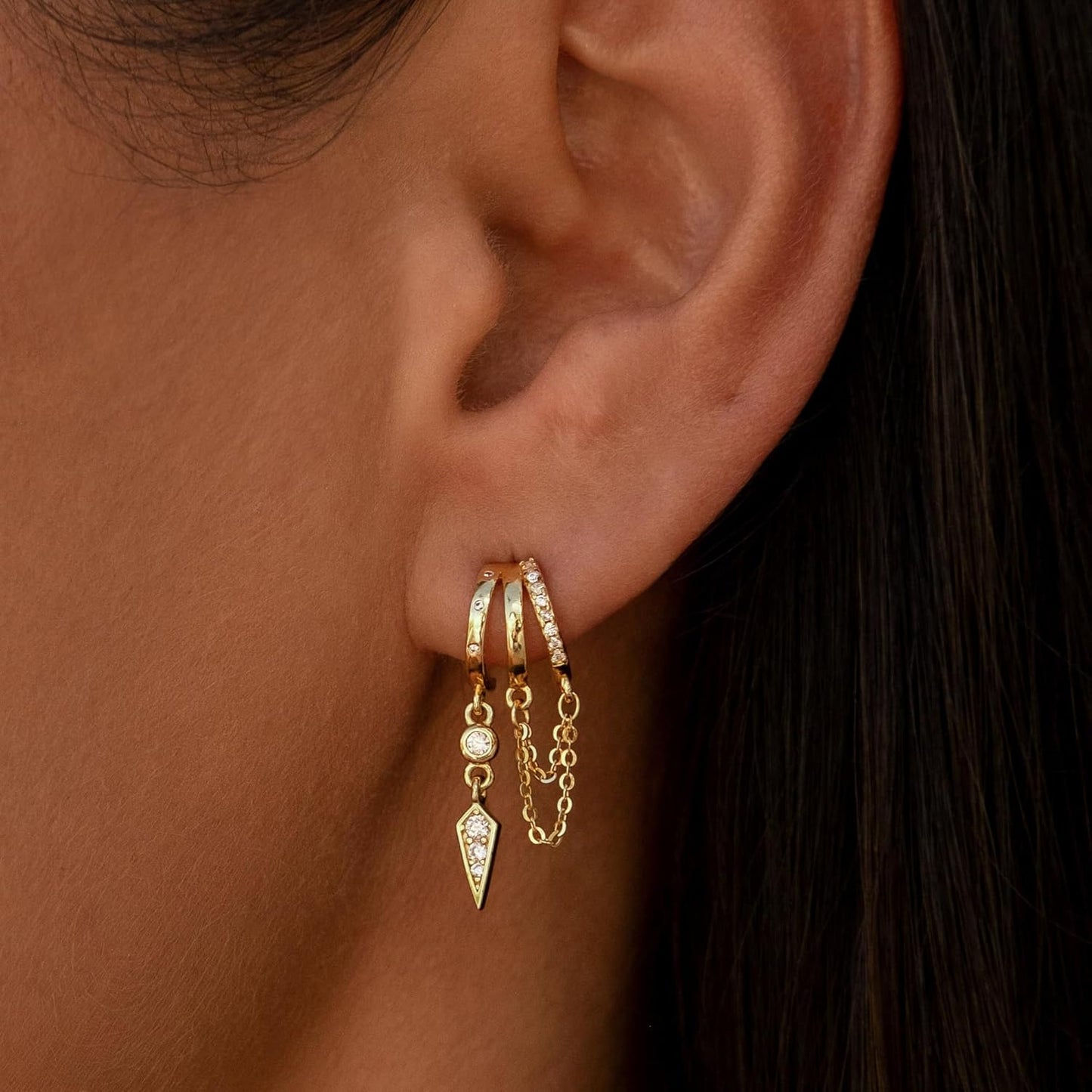 Dangle Earrings for Women,14k Gold Plated Triple Huggie Stud Earrings Cute Statement Chain Earring Dainty Drop