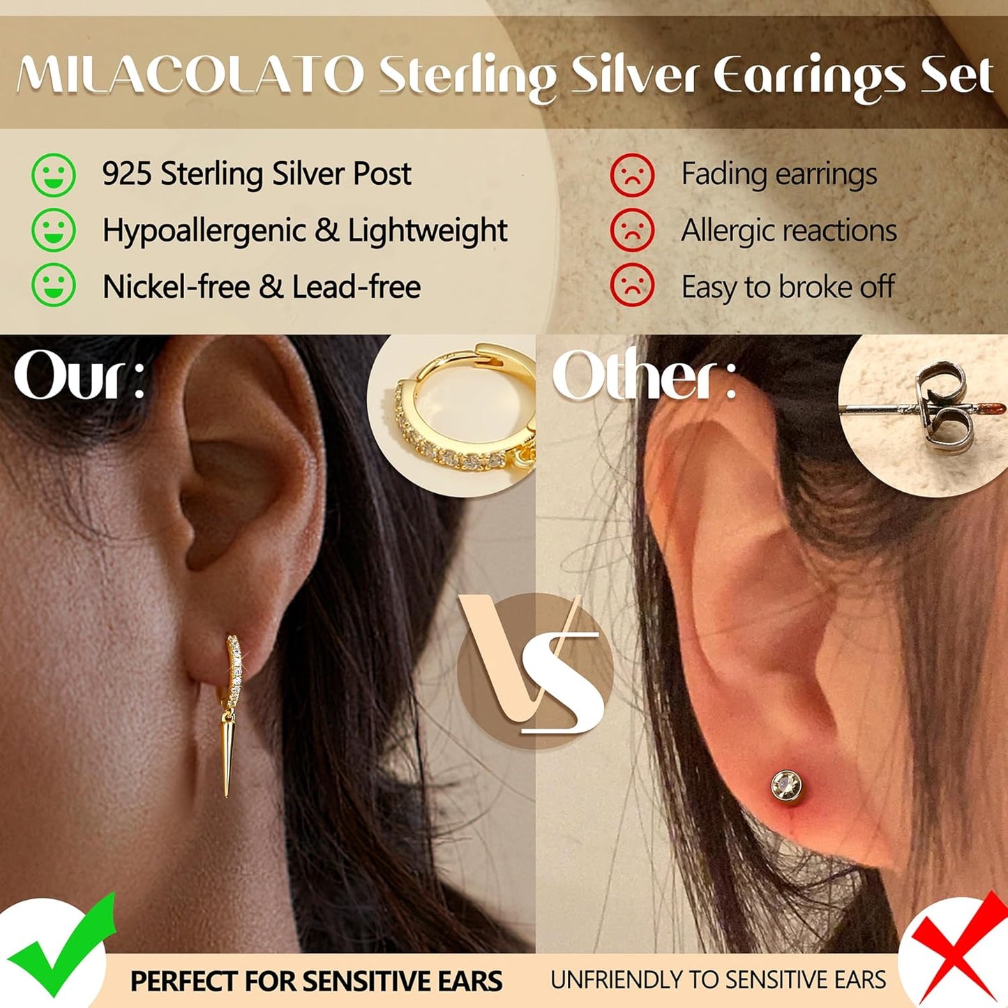 3Pairs 925 Sterling Silver, 14K Gold Plated Small Huggie Hoop Earrings Sets for Multiple Piercing CZ Cartilage Earrings Stacks