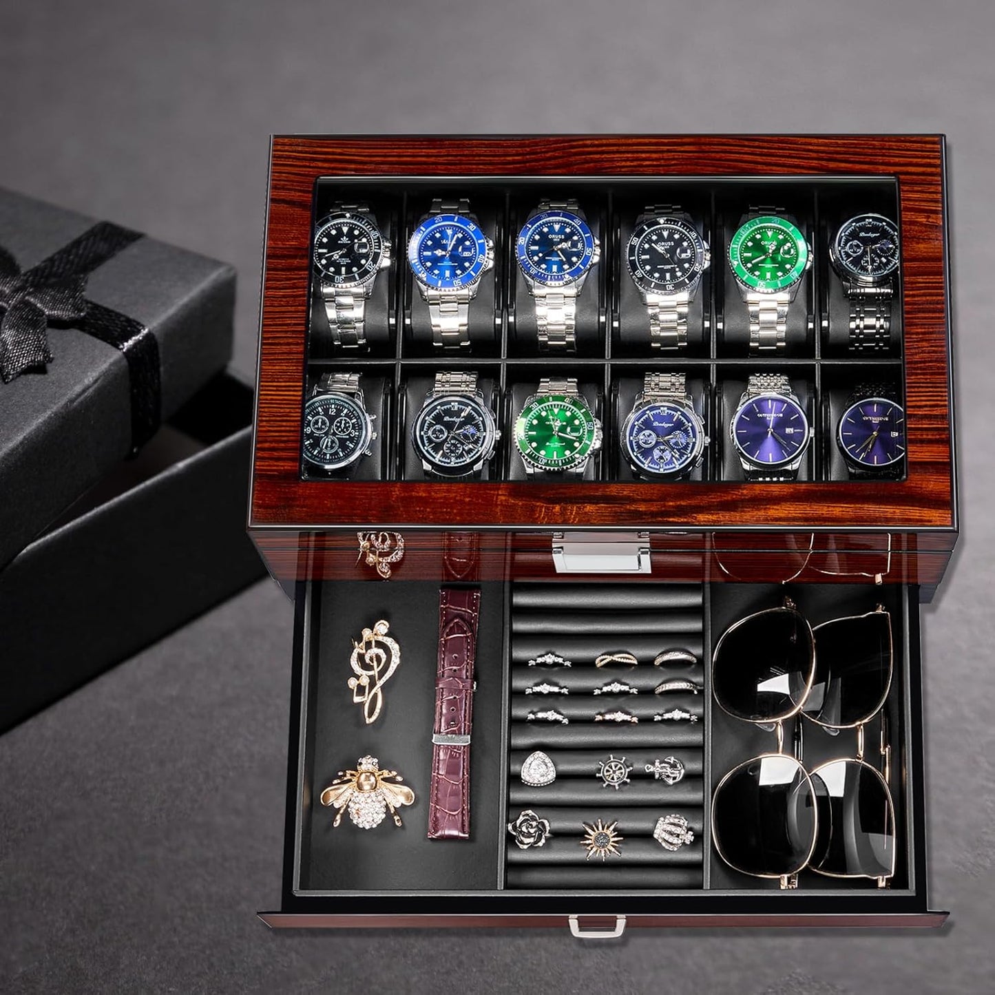 12 Slot Wooden Watch Box with Large Glass Lid, 2-Layer Watch Display Case with Drawer Watch Storage