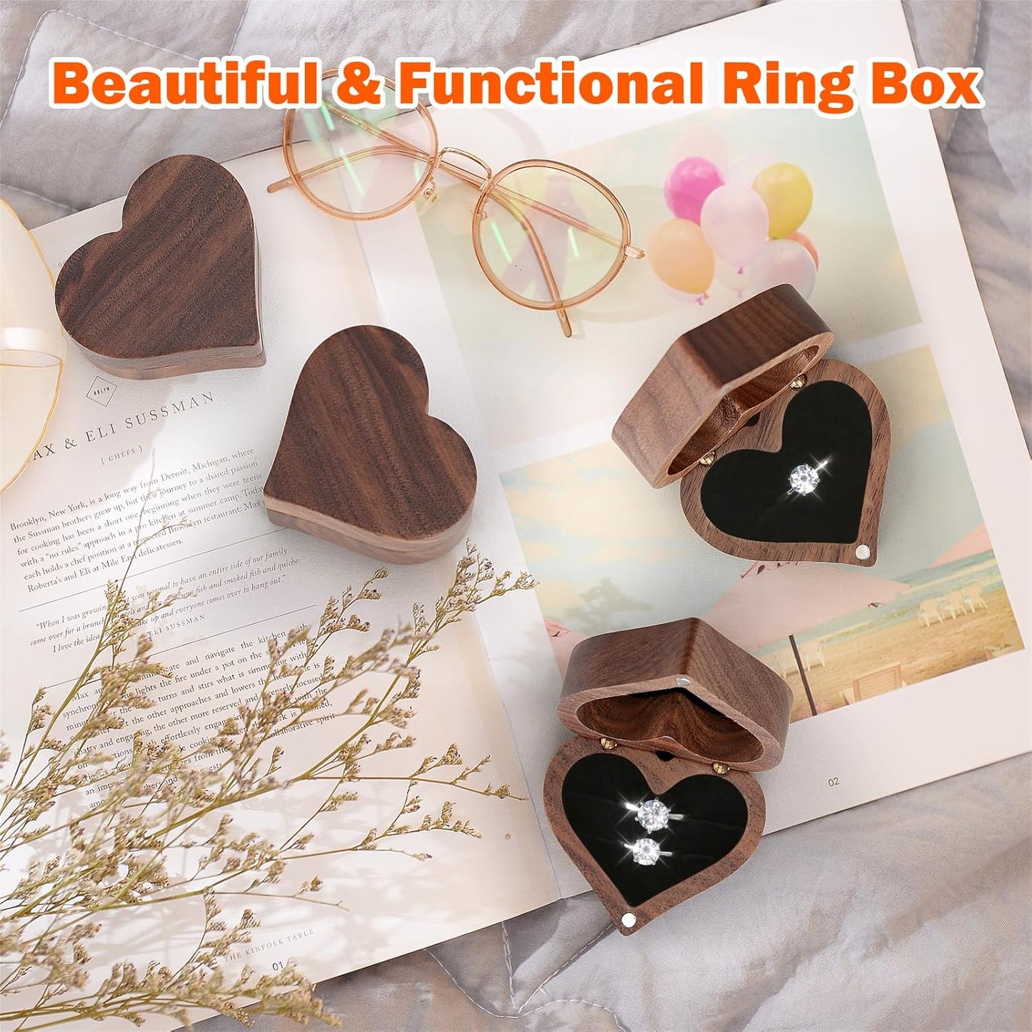 Wooden Heart Shape Ring Gift Box with Single Slot 2 Slot, for Proposal Engagement Wedding Ceremony Anniversary
