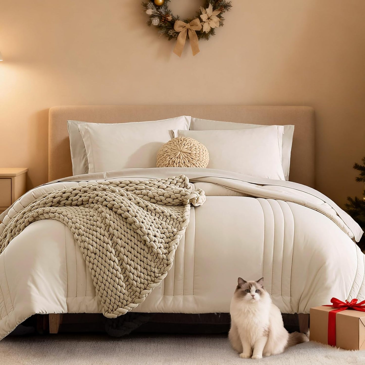 Queen Comforter Set - 7 count Beige Bed in a Bag Queen Bedding Sets , All Seasons