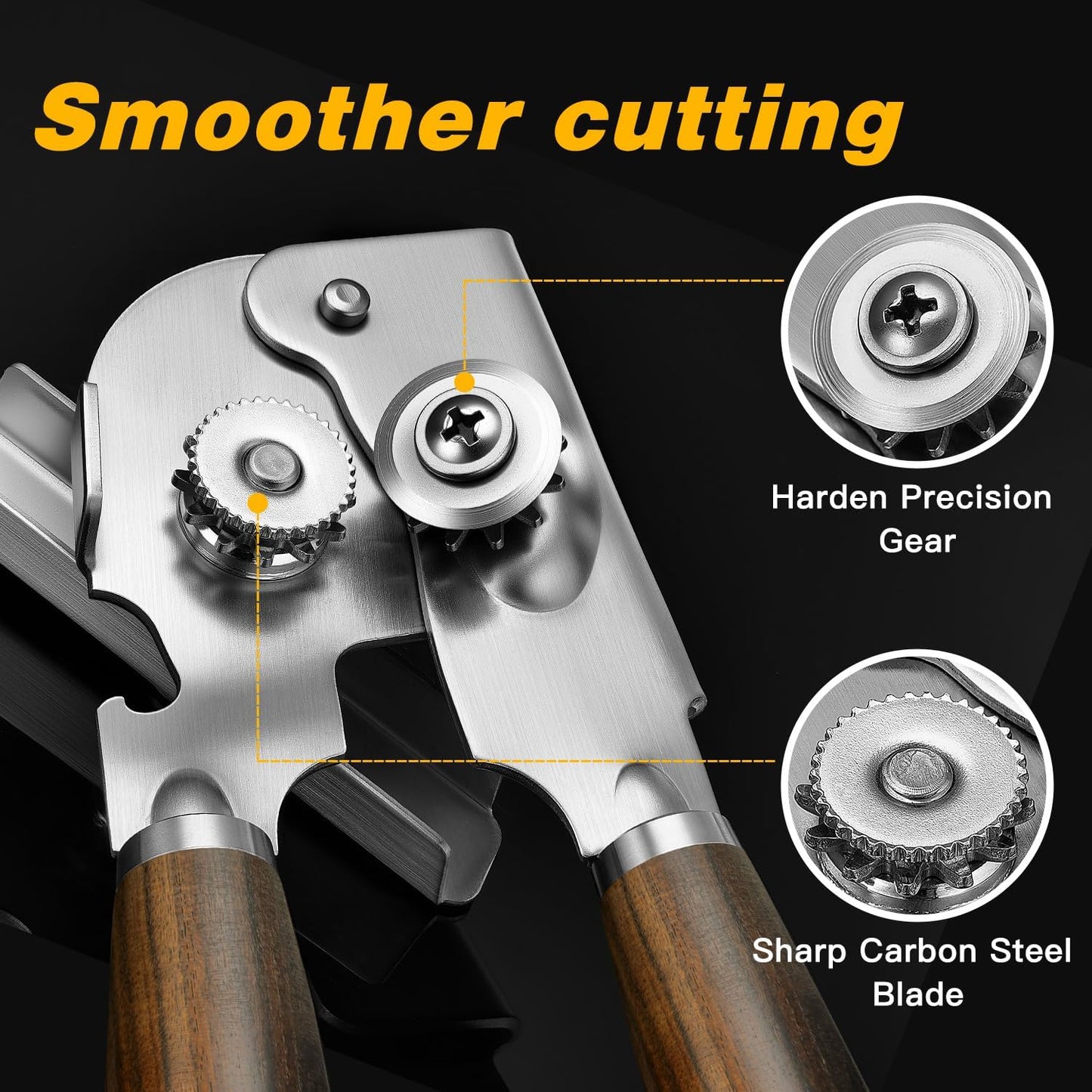 Manual Can Opener with Solid Wood Handle, Sharp Smooth Edge Blade