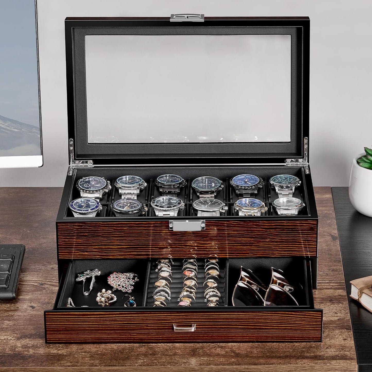 12 Slot Wooden Watch Box with Large Glass Lid, 2-Layer Watch Display Case with Drawer Watch Storage