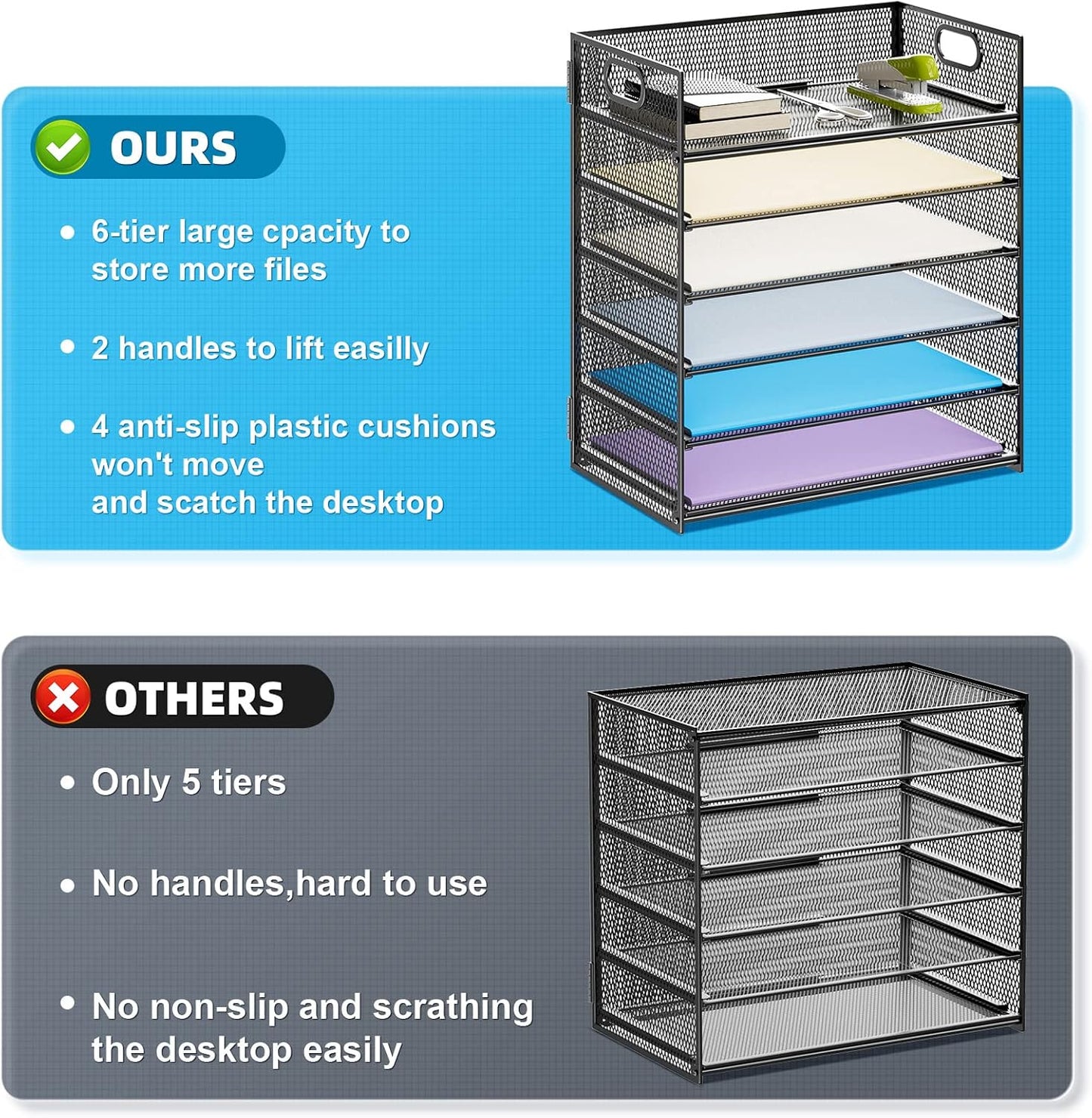 6 Tier Paper Organizer Letter Tray - Mesh Desk File Organizer with Handle