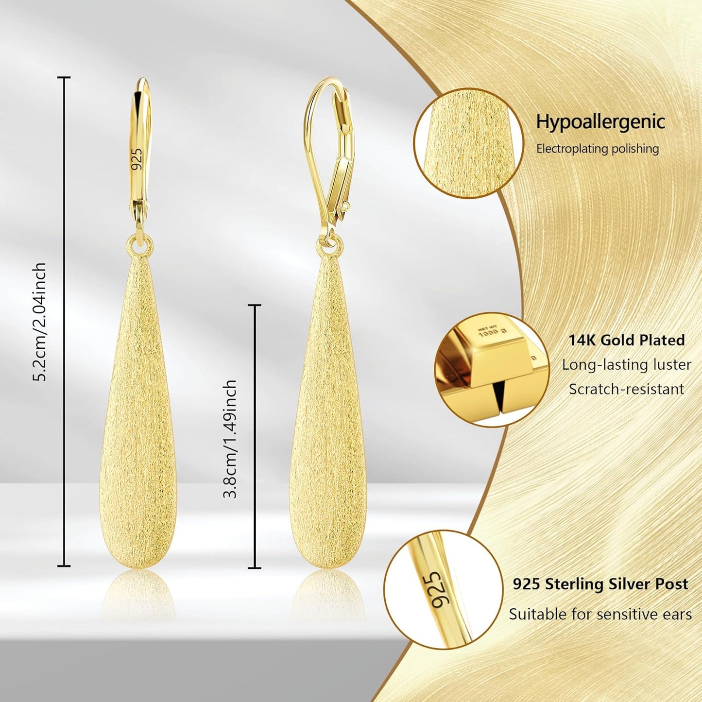 925 Sterling Silver Long Teardrop Dangle Earrings for Women Hypoallergenic Drop Leverback Earrings Trendy Silver Long