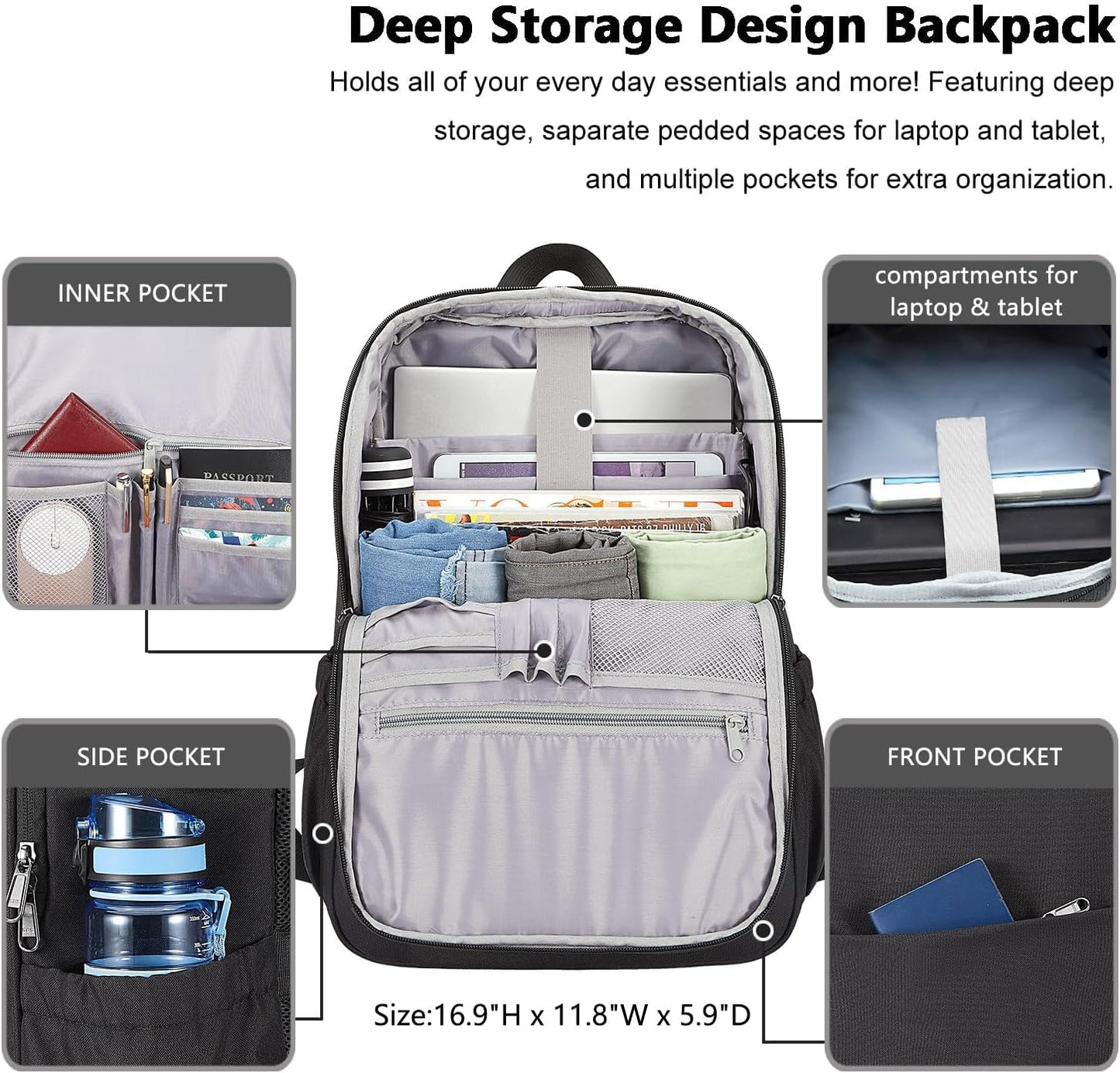 Deep Storage Laptop Backpack with USB Charging Port[Water Resistant]  15 Inch Laptop