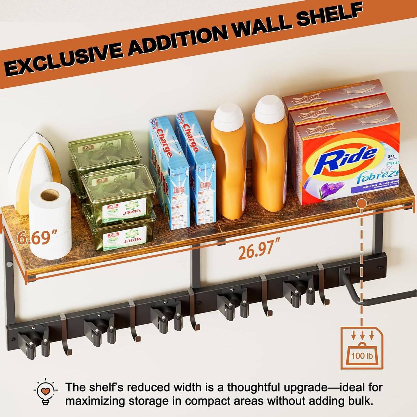 Broom Holder Wall Mount with Cleaning Supplies Organizer, Laundry Room Organization Hooks