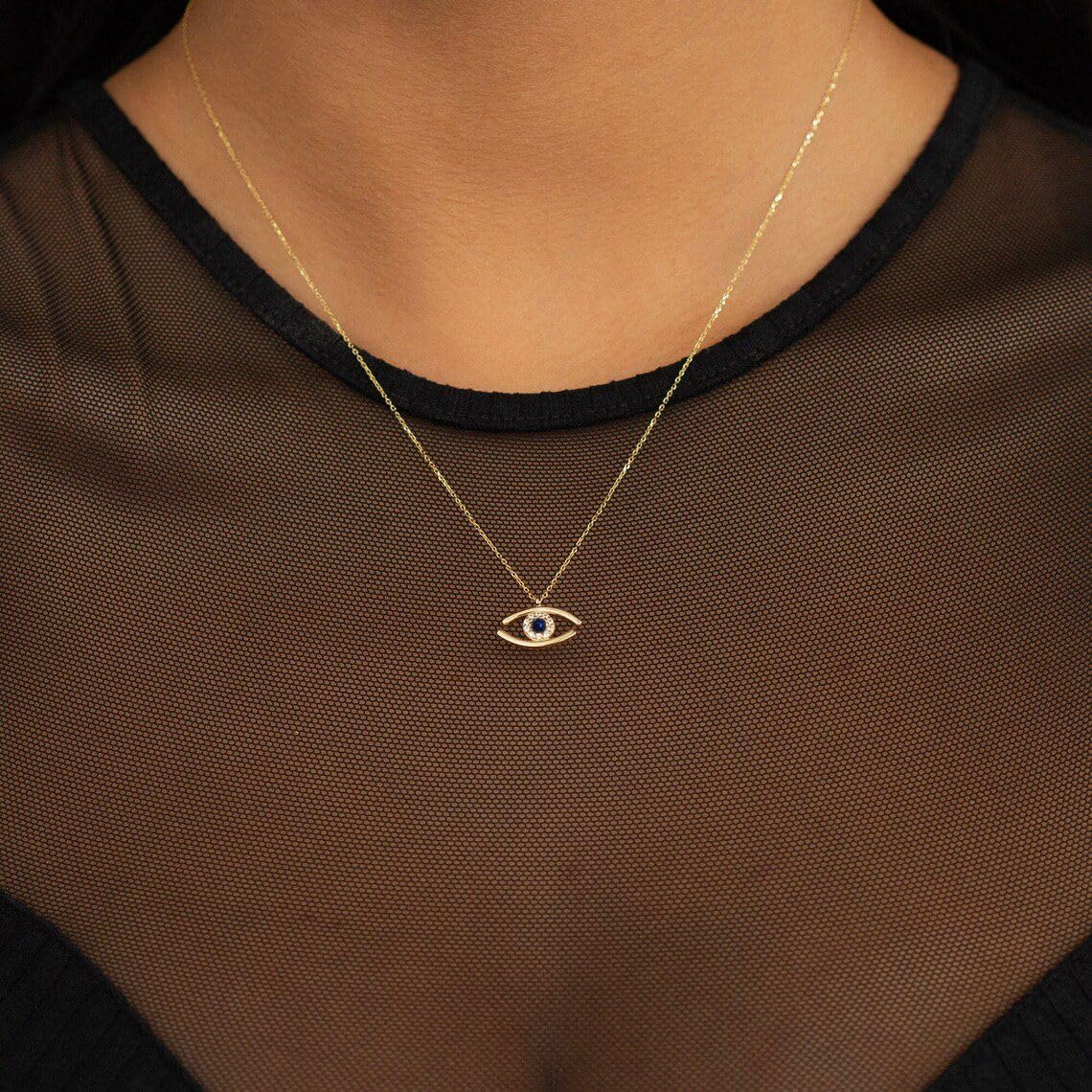 Evil Eye Necklace: 14K Gold Plated Blue CZ Diamond Boho Pendant for Women, Protection Gift
