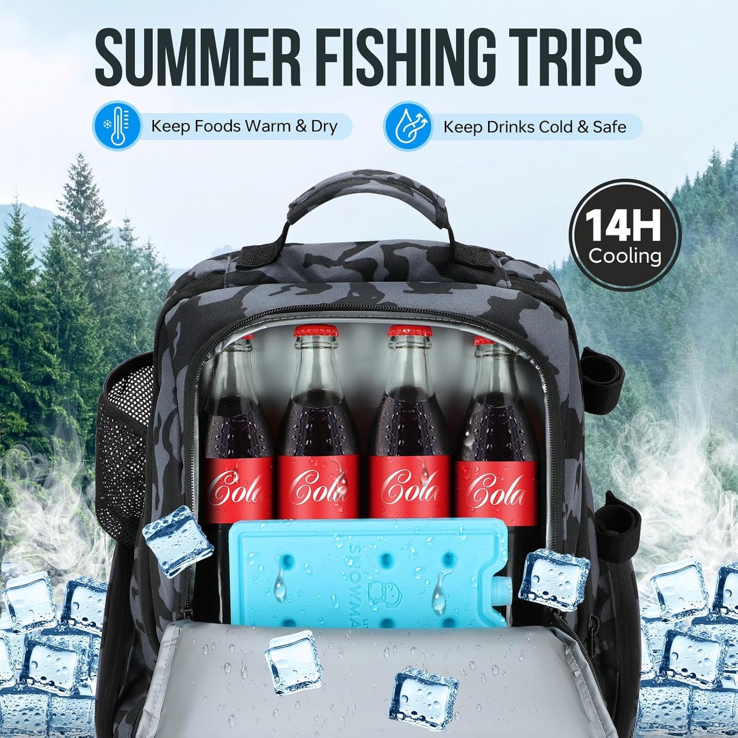 Cooler Fishing Backpack with Rod Holders 45L Large Water-resistant Fishing Tackle bag Store Fishing