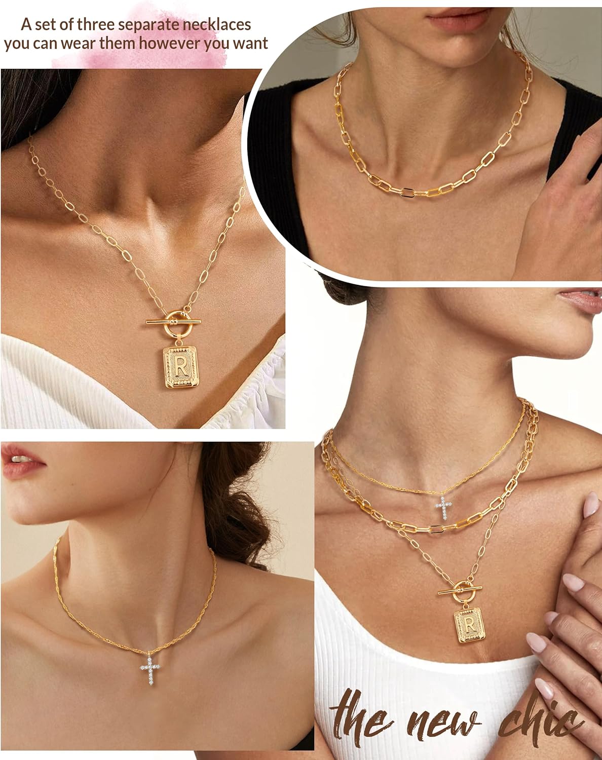 Layered Initial Necklace: 14K Gold Plated with Cross & Letter Pendant, Paperclip Chain, Trendy Jewelry for Women