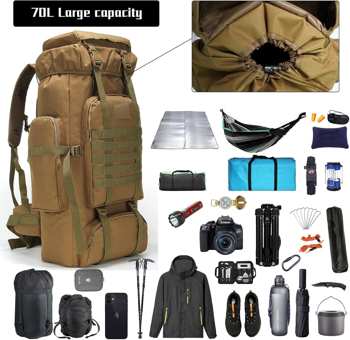 Hiking Backpack for Men 70L Camping Backpack Military Rucksack - 3 Days Assault Pack for Climbing