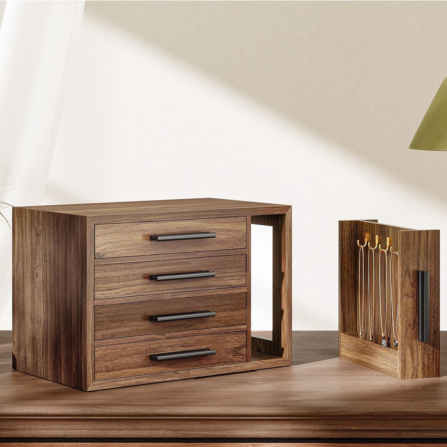 4-Layer Jewelry Organizer Box, Wooden Jewelry Organizer with Transparent Window