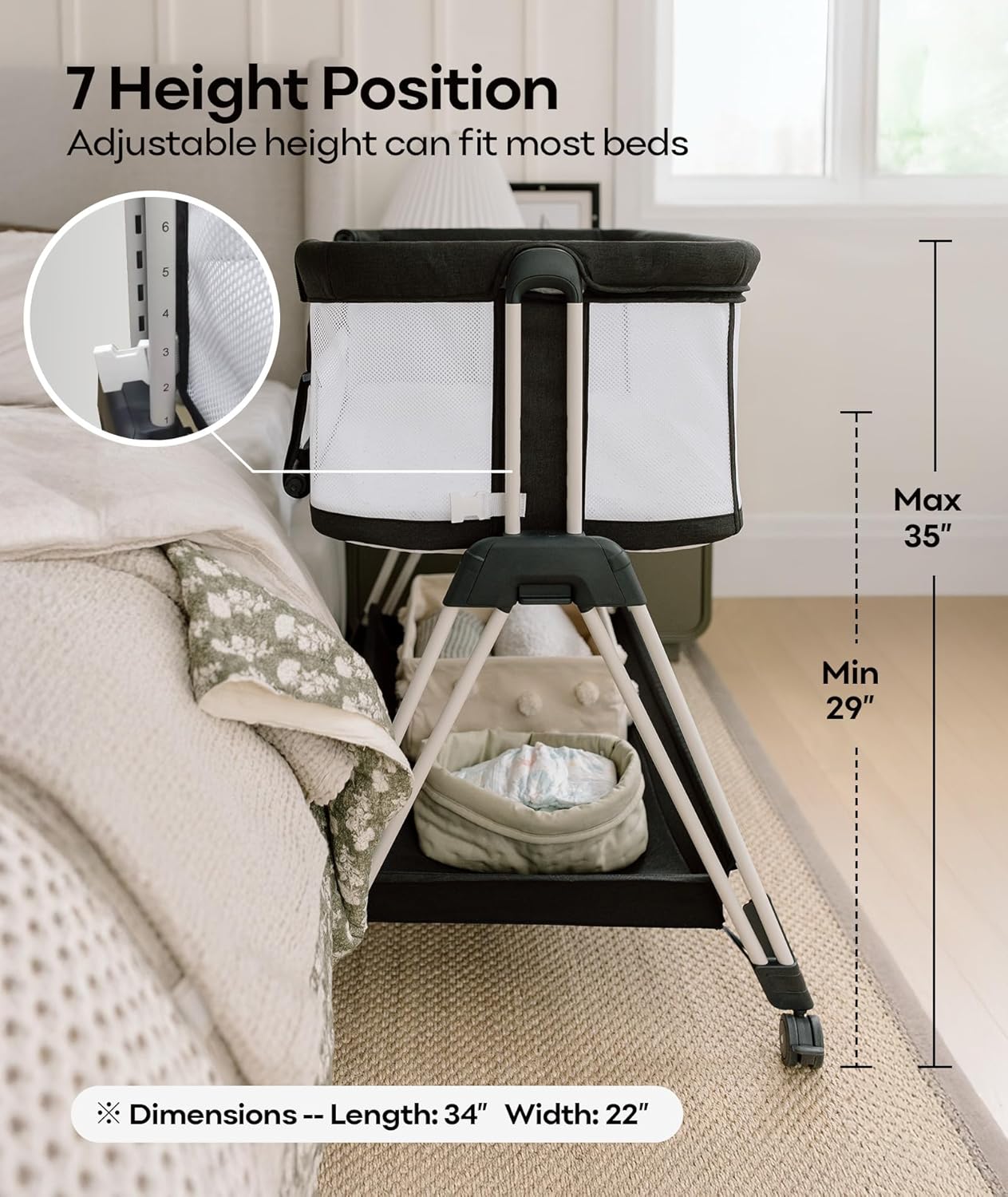 Bassinet Bedside Sleeper with Wheels and Storage Tray,4-Sided Mesh  Easy Folding Bedside Crib