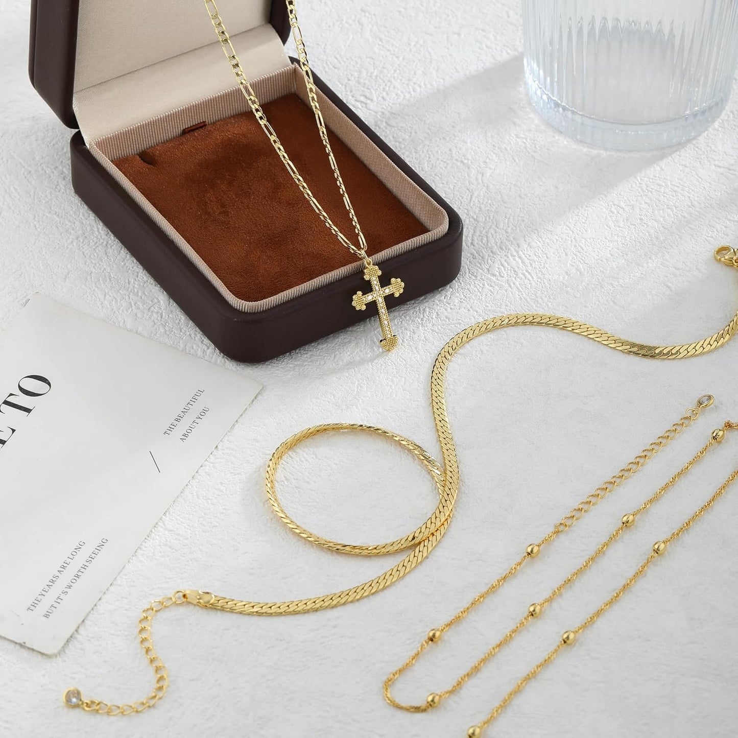 Women's Necklace - 14K Gold/Silver Plated Layered Chain With Cross, Coin & Pearl Pendants - Stackable Trendy Jewelry Gift For Her