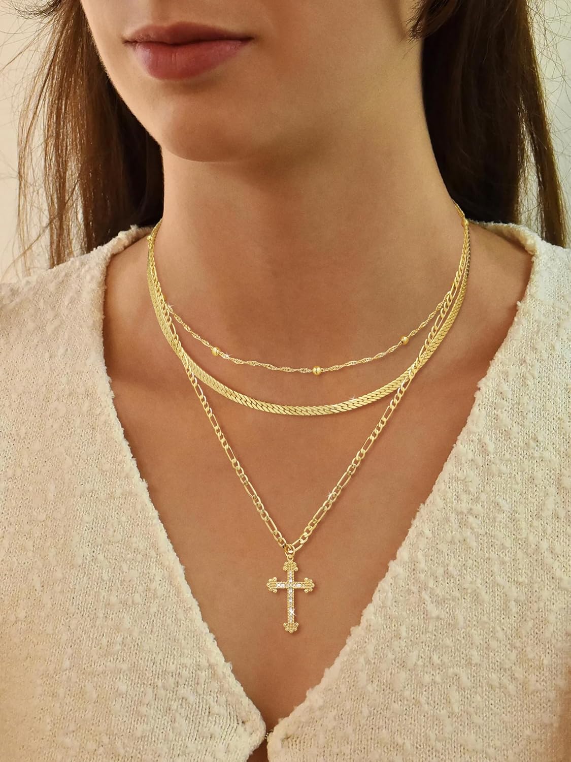 Women's Necklace - 14K Gold/Silver Plated Layered Chain With Cross, Coin & Pearl Pendants - Stackable Trendy Jewelry Gift For Her