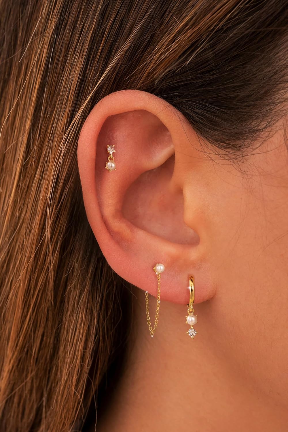 Pearl Dangle Hoop Earrings for Women - Dainty14K Gold Plated Small Drop Chain Hoops Trendy Earring Sets for