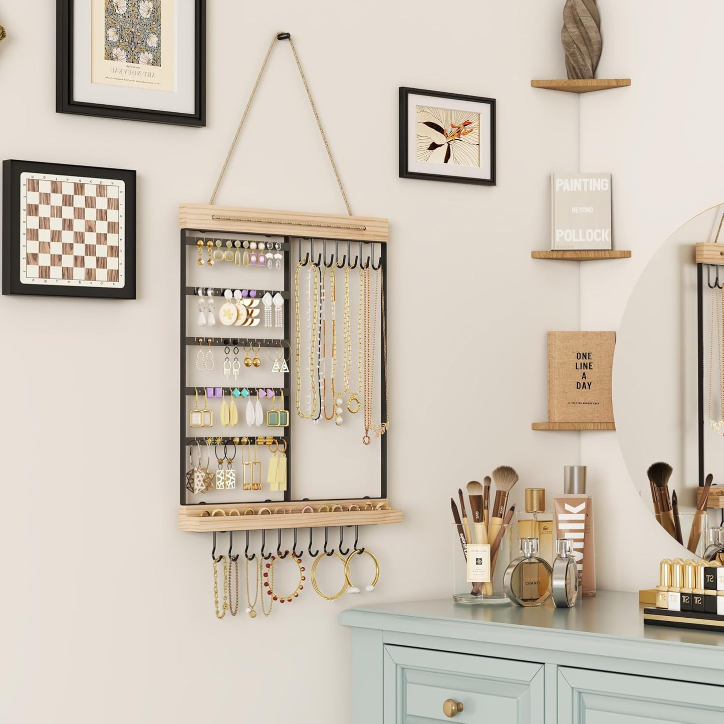 Hanging Jewelry Organizer, 5-Tier Wall Earring Holder with Wooden Ring Groove, Jewelry Rack Wall Mounted