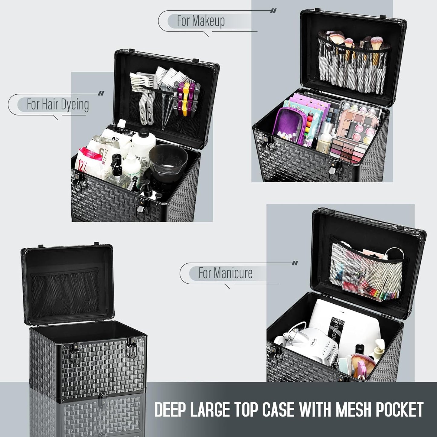 4 in 1 Professional Makeup  Case Aluminum Cosmetic Case Rolling Makeup Case
