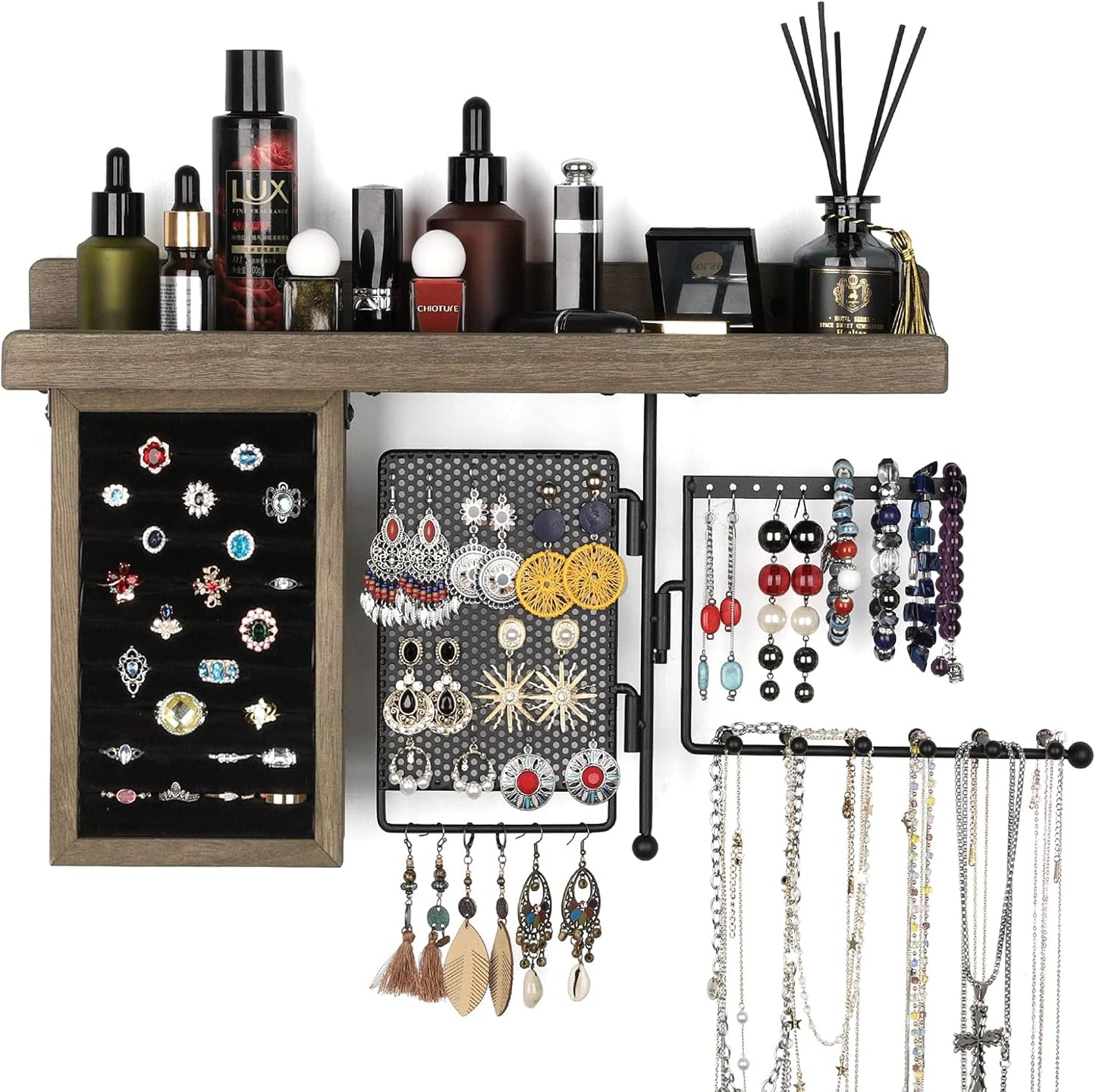 Hanging Jewelry Organizer Wall Mount with Rustic Wood Shelf, Ring Display Box, Rotating Necklace Holder Organizer