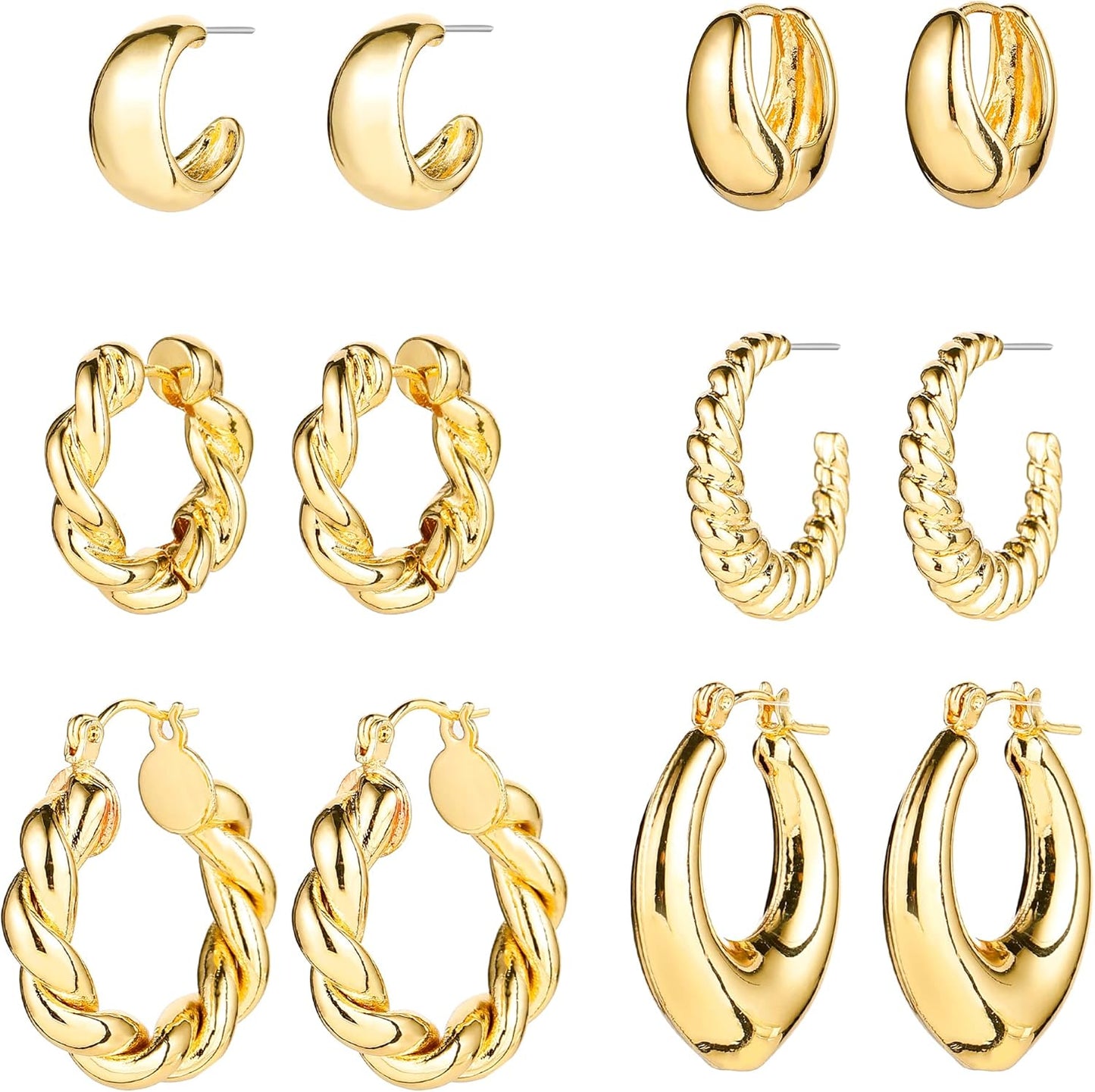 Gold Chunky Hoop Earrings Set for Women, 14K Gold Plated Twisted Huggie Hoop Earring, Thick Open Hoops Set Lightweight