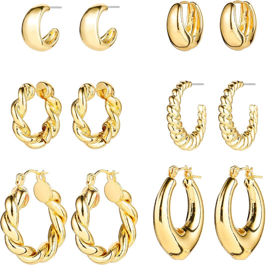 Gold Chunky Hoop Earrings Set for Women, 14K Gold Plated Twisted Huggie Hoop Earring, Thick Open Hoops Set Lightweight