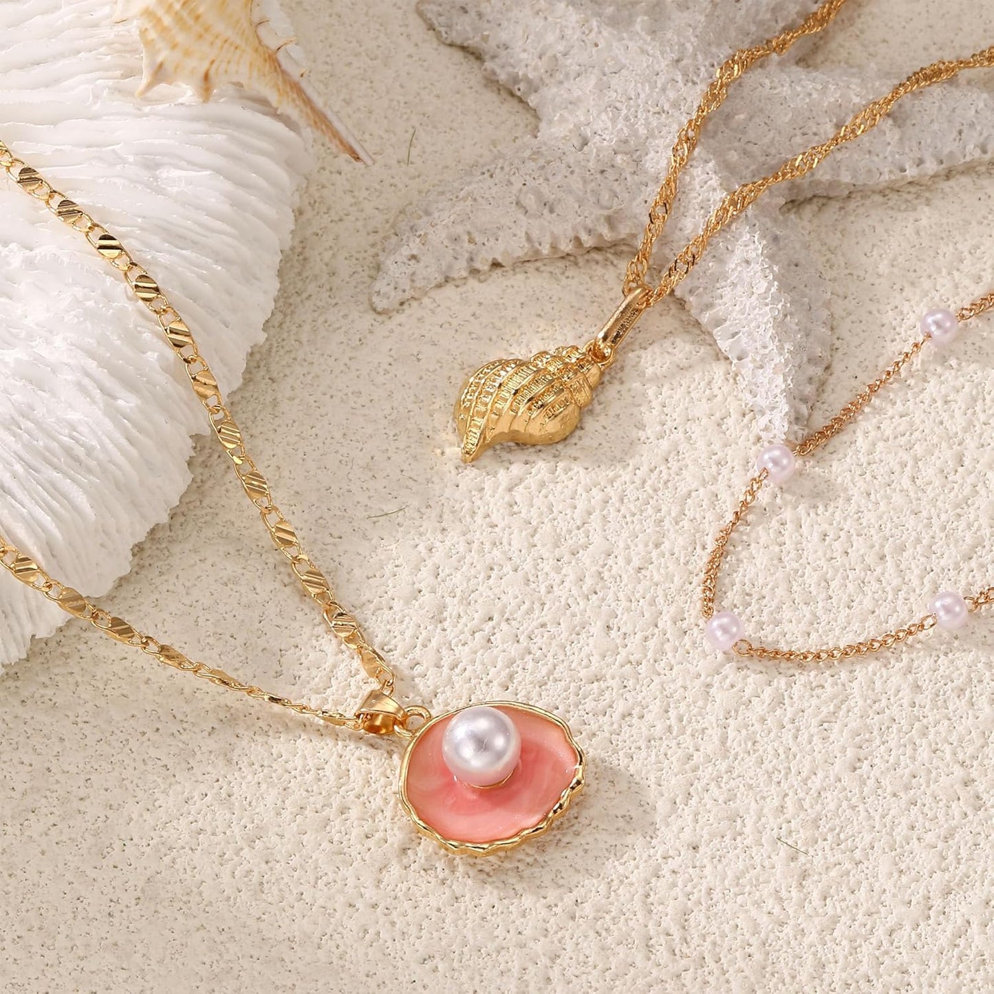 Layered Gold Shell Necklace With Conch & Starfish Pendant - Boho Non-Tarnish Summer Beach Vacation Jewelry Gift For Women