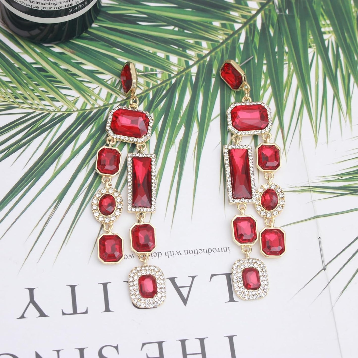 Vintage Rectangle Teardrop Chandelier Earrings, Art Deco Wedding Austrian Crystal Drop Dangle Earrings for Women Party Prom
