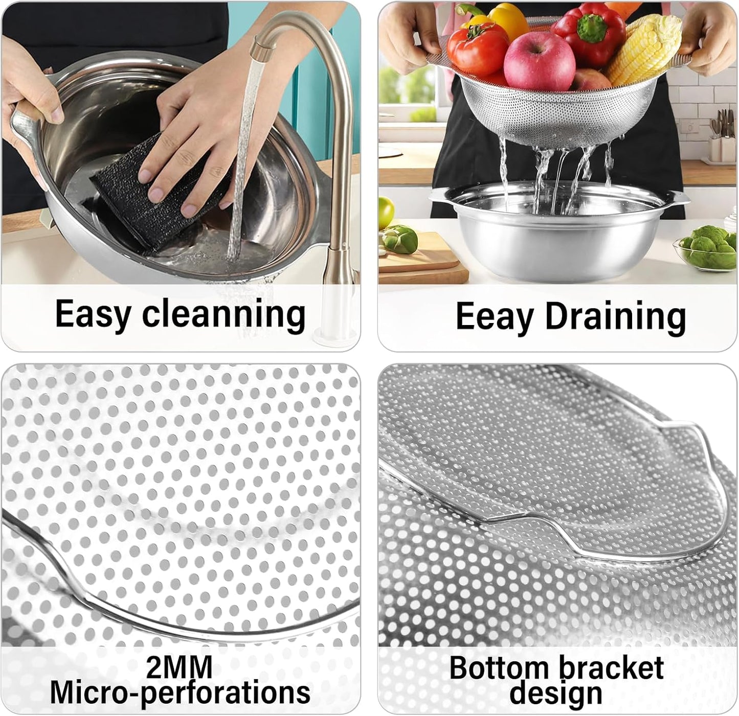 Colander Bowl Set with Microporous for Washing Rice, Pasta, Spaghetti, Fruits, Dishwasher Safe(2PC)