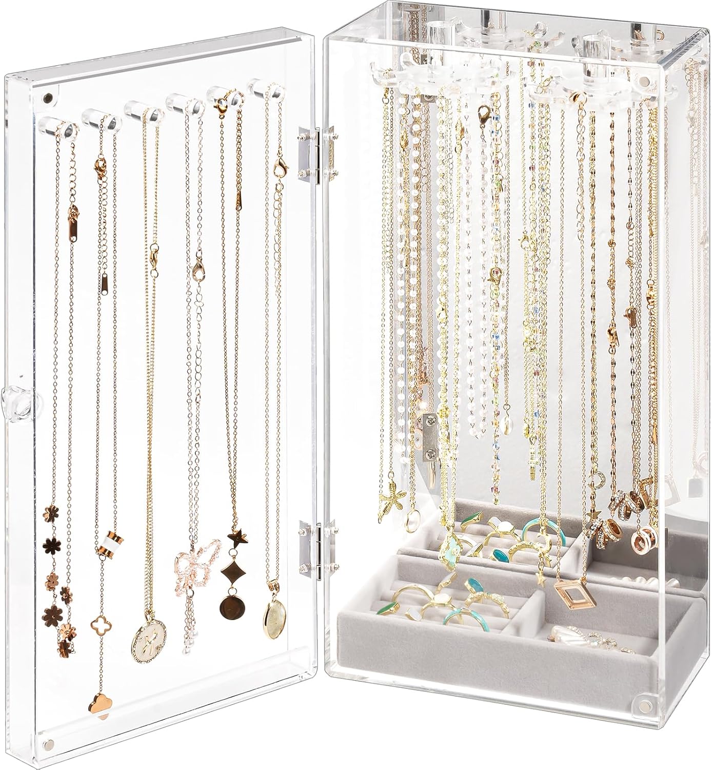 Acrylic Jewelry Organizer with 24 Hooks, Rotating Clear Necklaces Display Box with Built-in Mirror