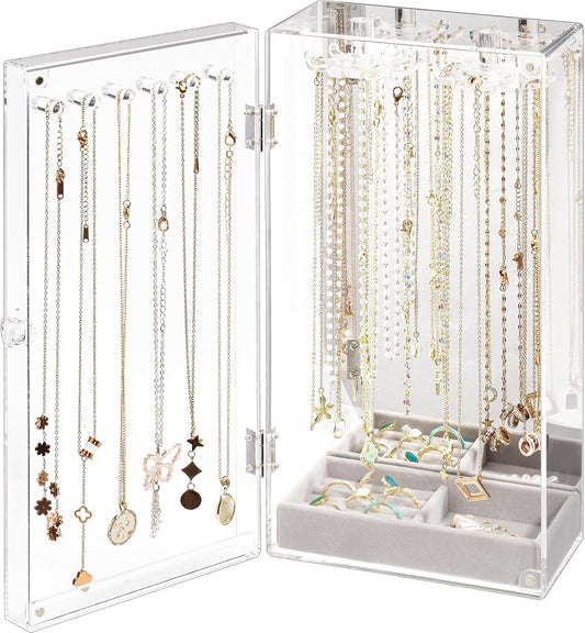 Acrylic Jewelry Organizer with 24 Hooks, Rotating Clear Necklaces Display Box with Built-in Mirror