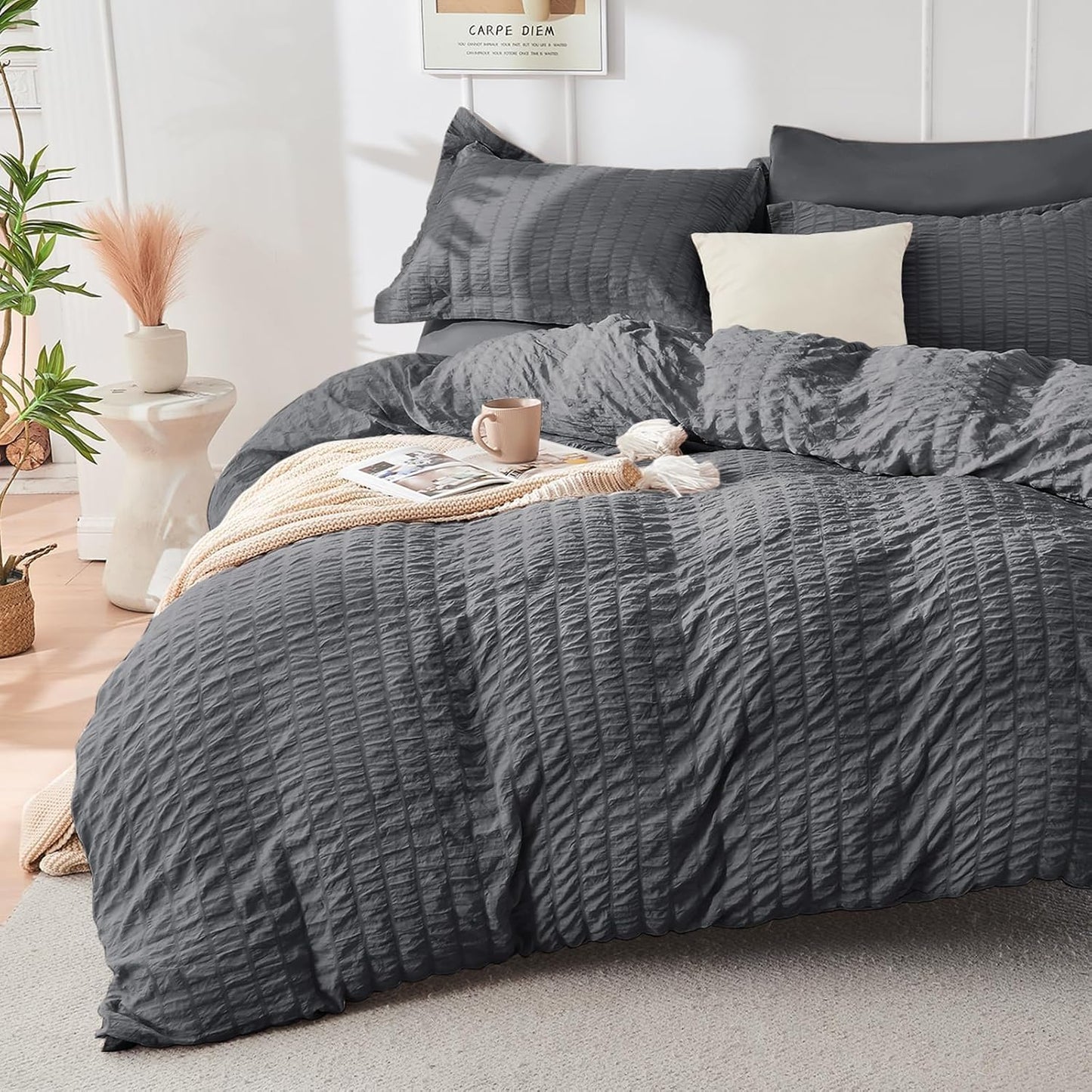 Queen Comforter Set Seersucker 7 count, All Season Luxury Bed in a Bag for Bedroom
