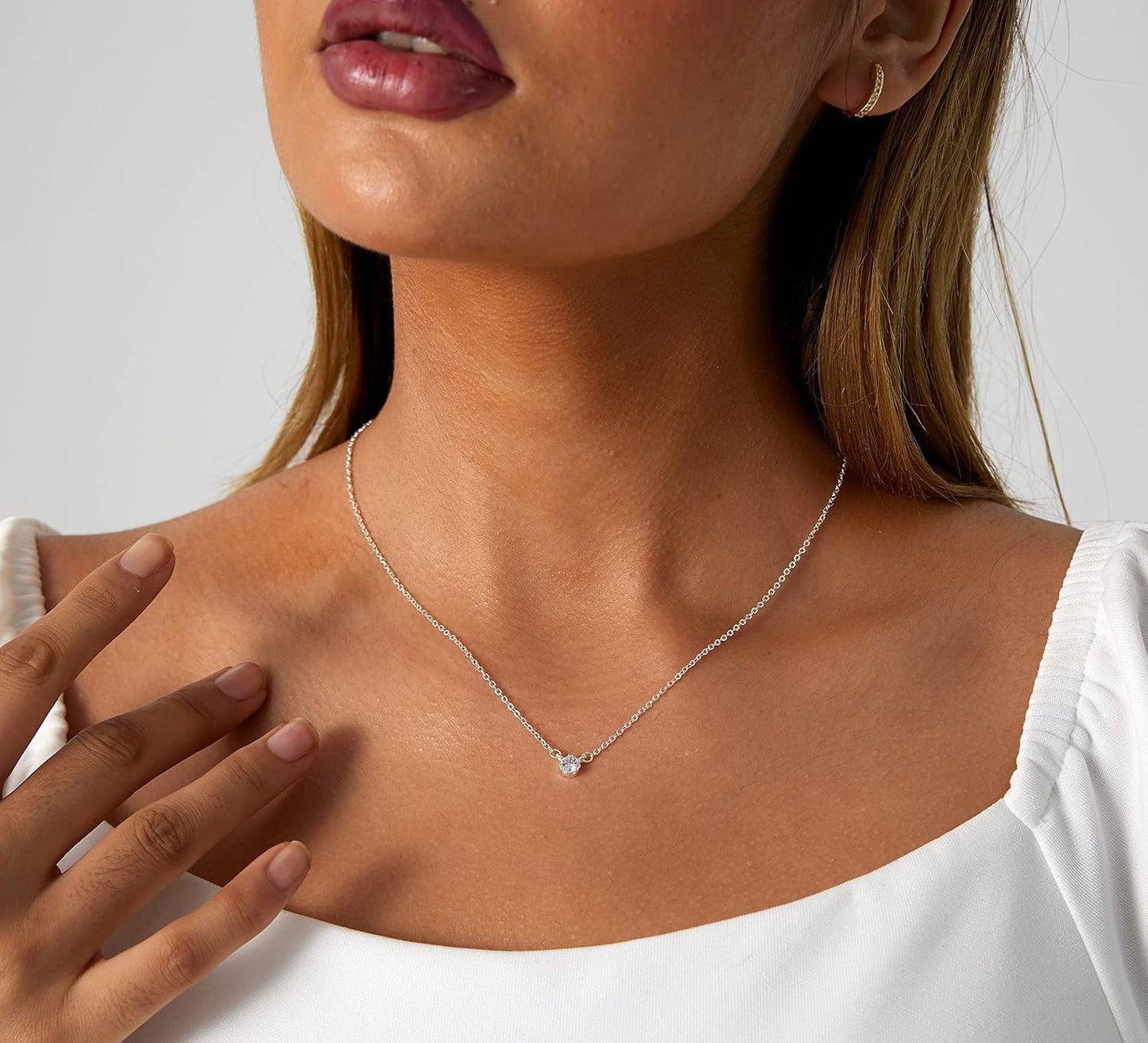 14K Gold Plated Solitaire Pendant Necklace - Round CZ Diamond Choker for Women