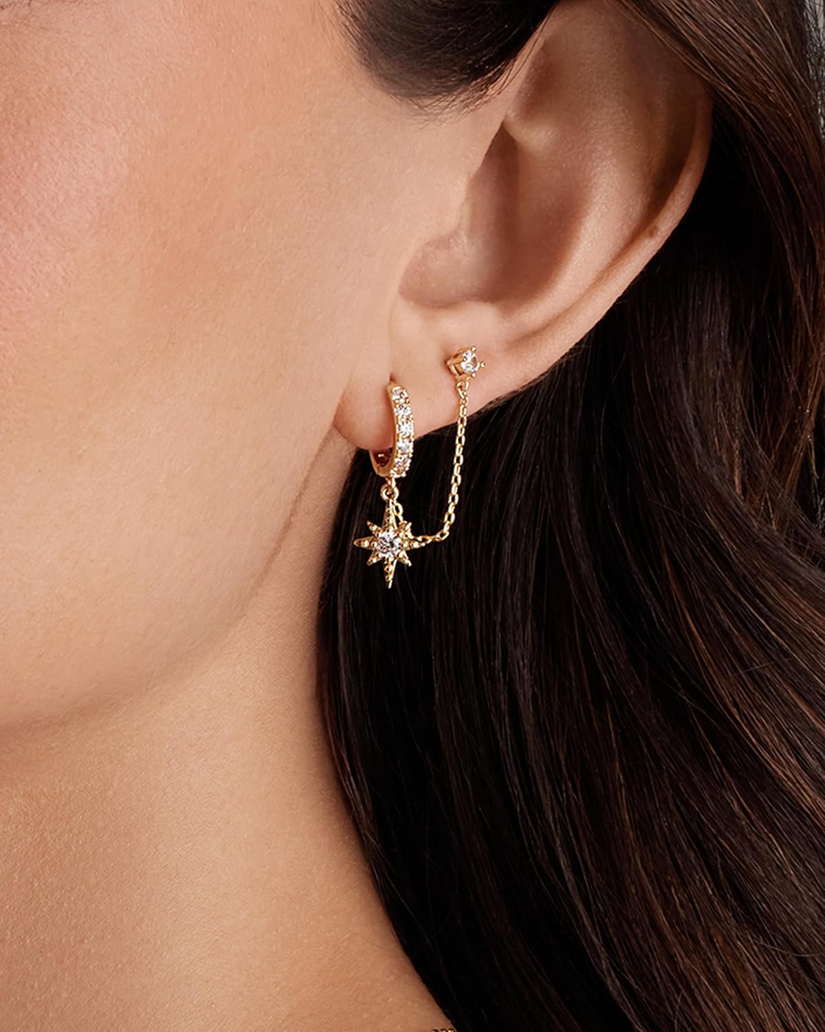 14K Gold Chain Earrings for Women | Double Piercing Dangle Chain Huggie Hoop Earrings | Cubic Zirconia Pearl Stud Ear Cuff Earrings for Women