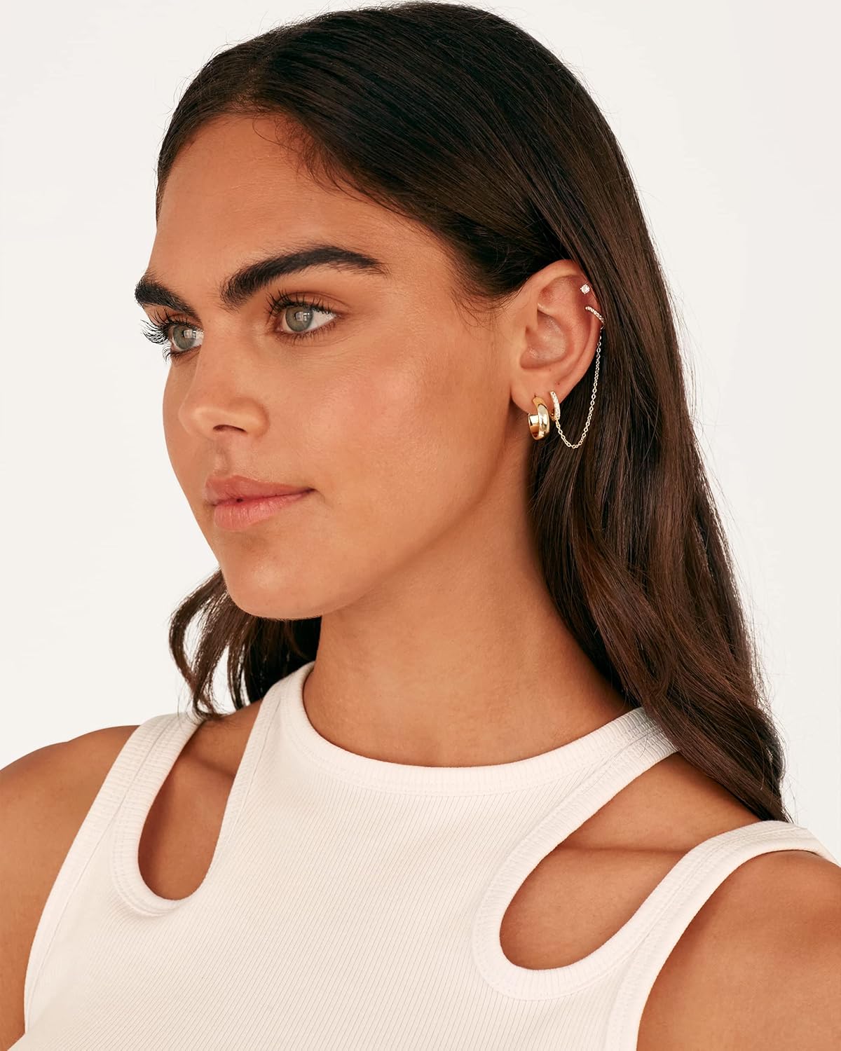 14K Gold Chain Earrings for Women | Double Piercing Dangle Chain Huggie Hoop Earrings | Cubic Zirconia Pearl Stud Ear Cuff Earrings for Women