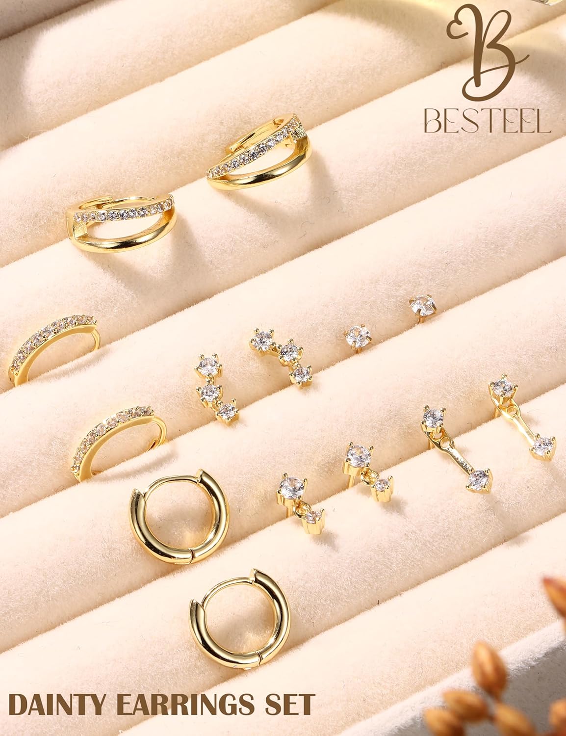 Small Stud Hoop Earrings for Women - 7 Pairs Hypoallergenic 14K Gold Plated Huggie Earring Sets for Multiple Piercing