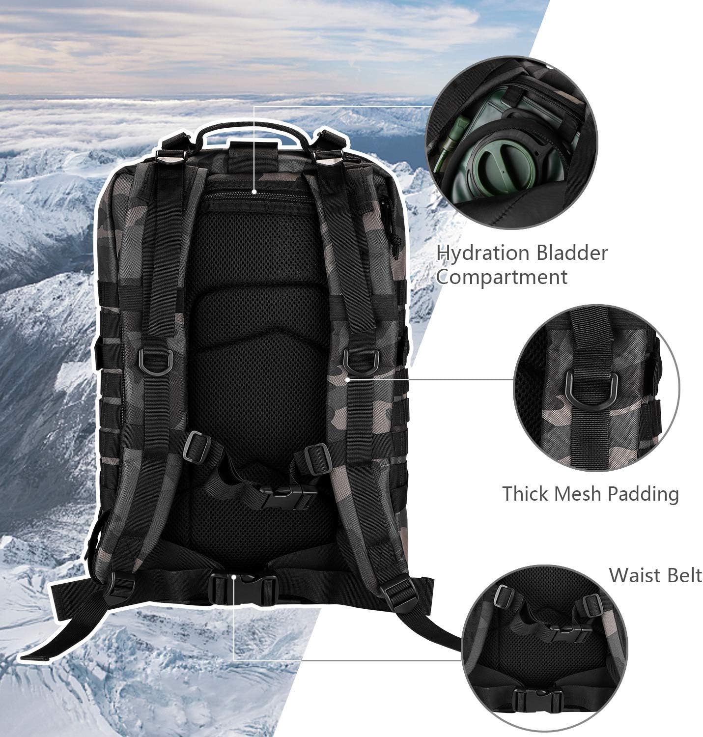 MOLLE Assault Pack, Tactical Backpack Military Army Camping Rucksack, 3-Day Pack Trip, D-Rings