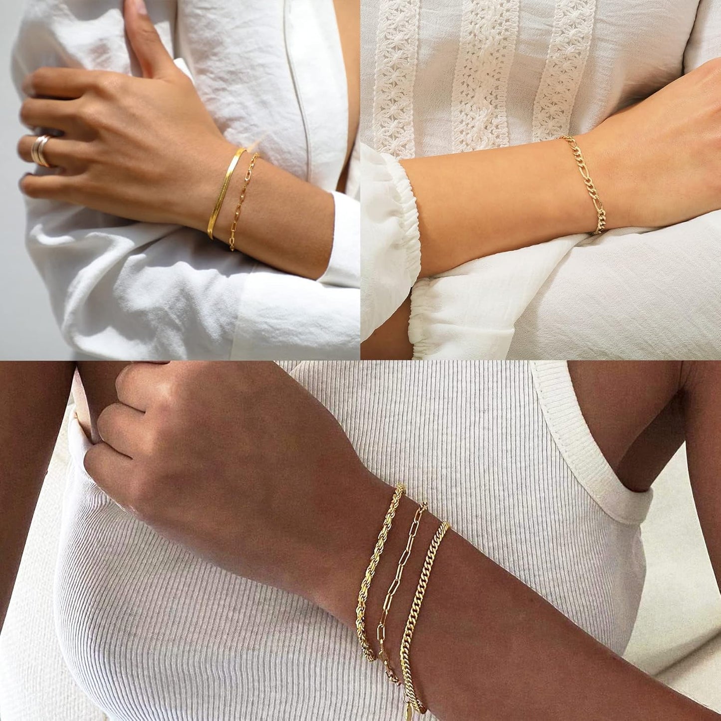 Gold Bracelets - Real 14K Women's Cute Tennis Cubic Beaded Link Paperclip Dainty Bracelet Pack