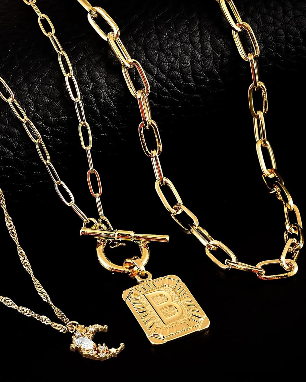Custom Initial Moon Necklace Set - 14K Gold Plated Layered Letter Choker Gift for Her
