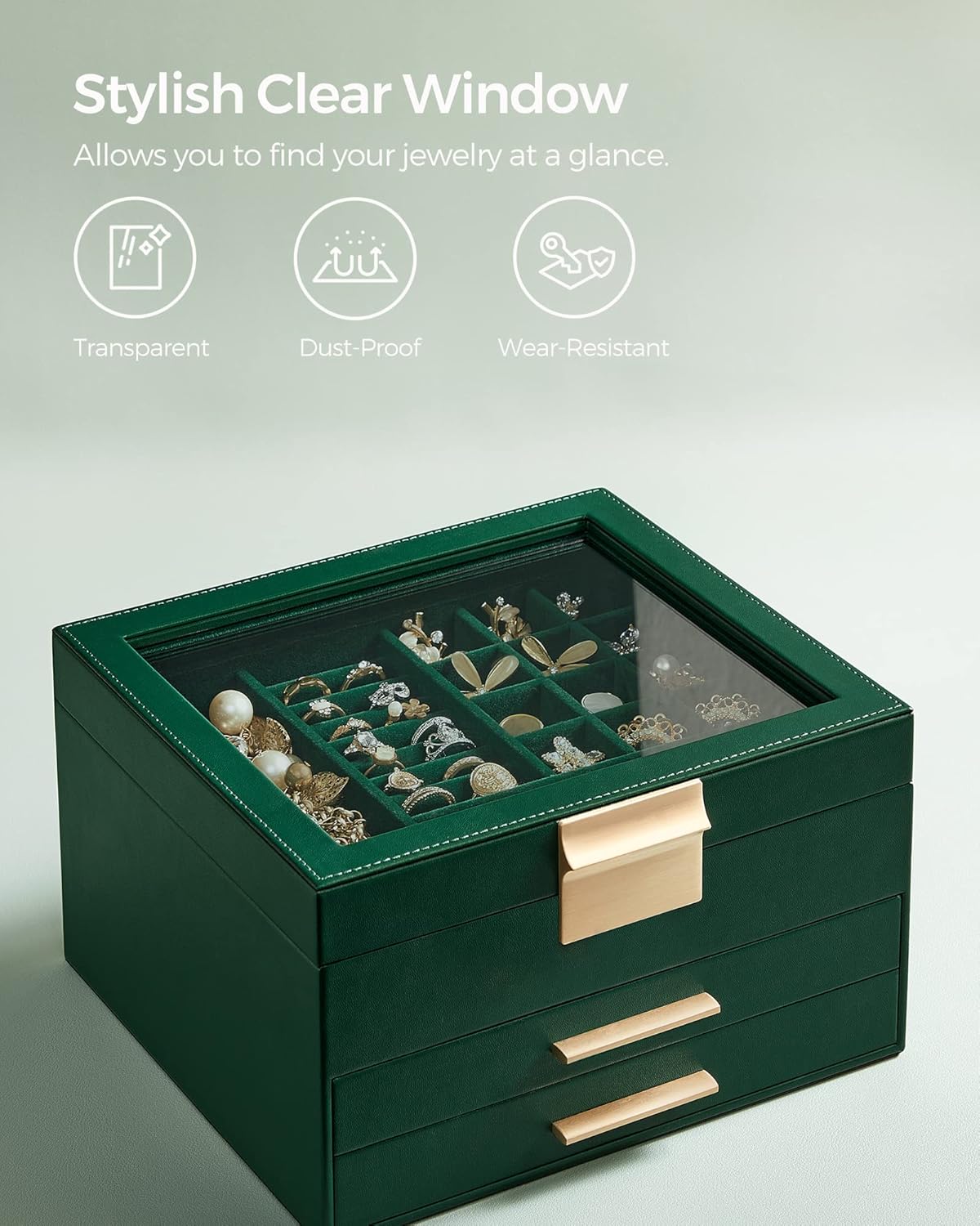 Jewelry Box Organizer with Glass Lid, 3-Layer Jewelry Storage, with 2 Drawers, Modern Style, Forest Green and Gold Color