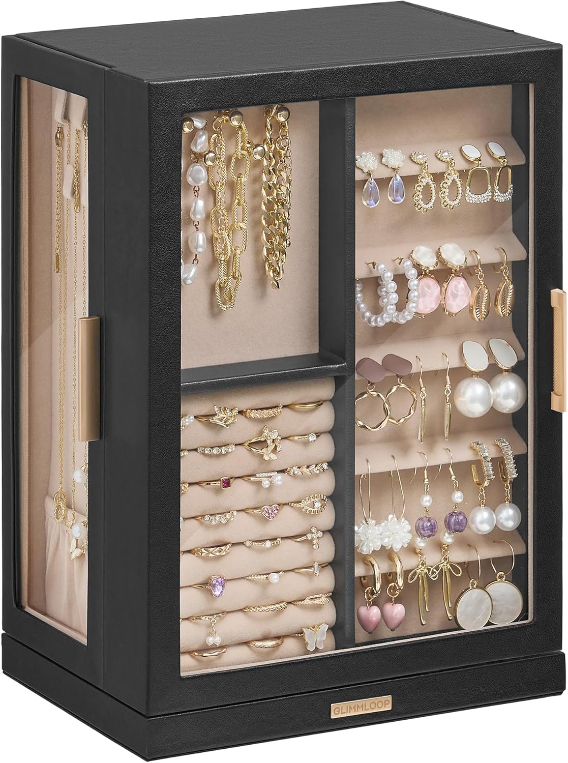 360° Rotating Jewelry Box with 7 Drawers, Spacious Vertical Jewelry Organizer with Glass Window