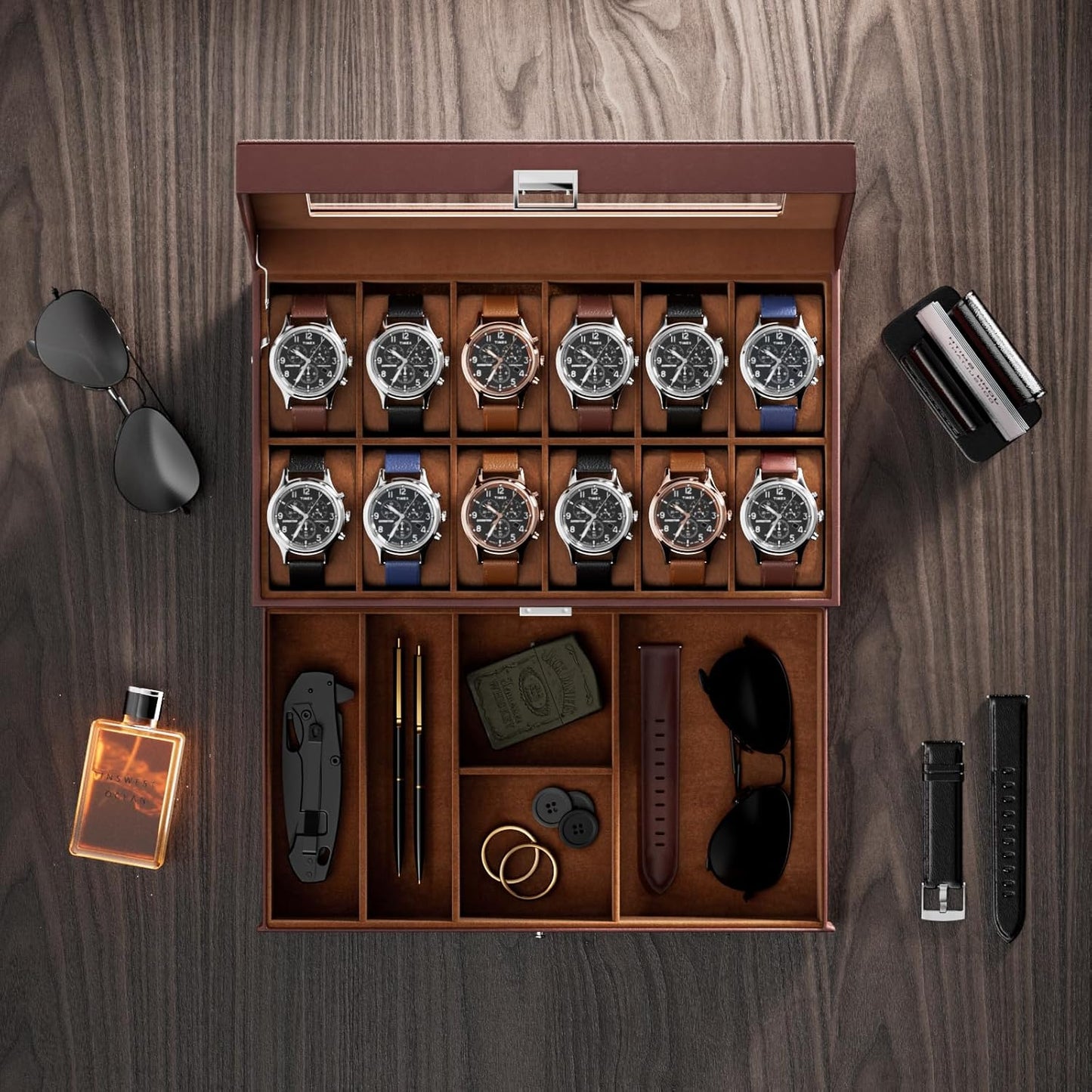 12 Slot Men Watch Case With Drawer, Watch Display Case With Glass Lid, 2-Layer Watch Holder Organizer